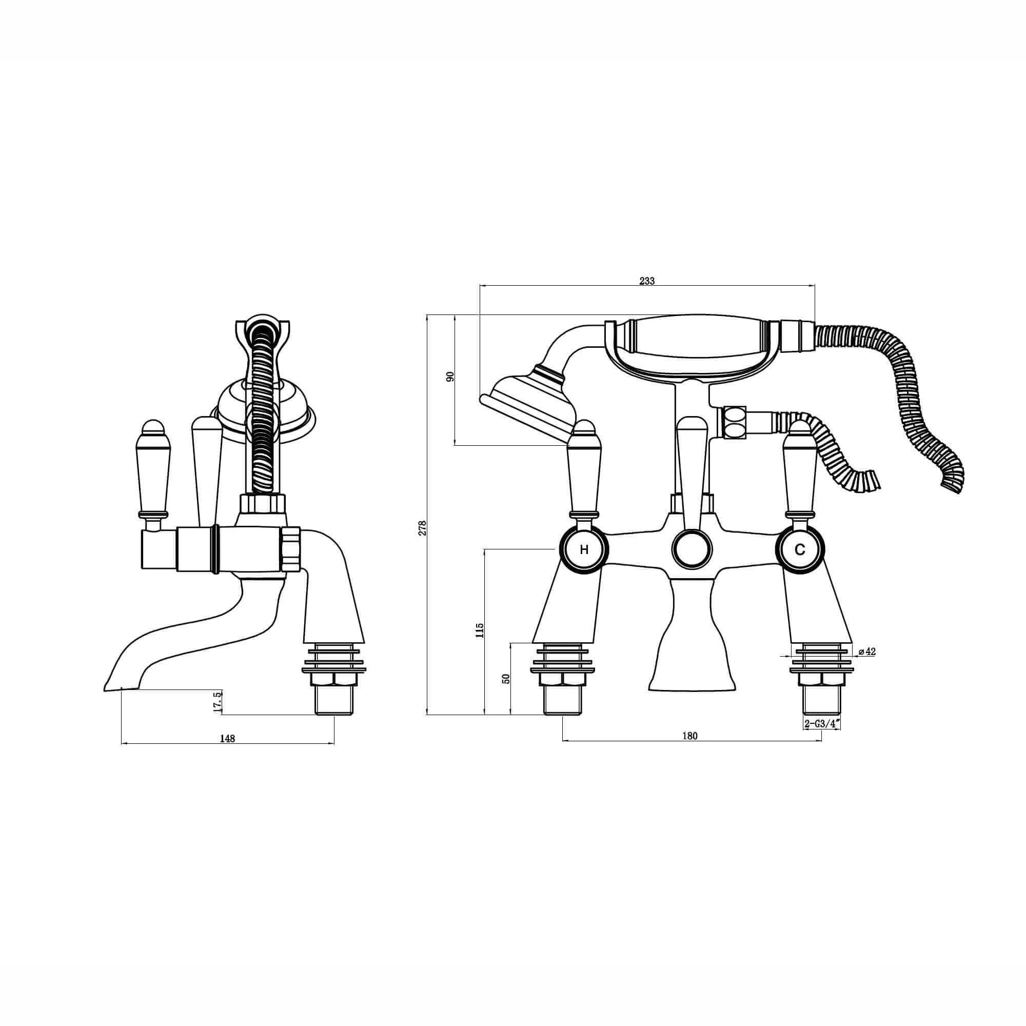 Downton bath shower mixer tap with white ceramic levers - chrome - Image 4
