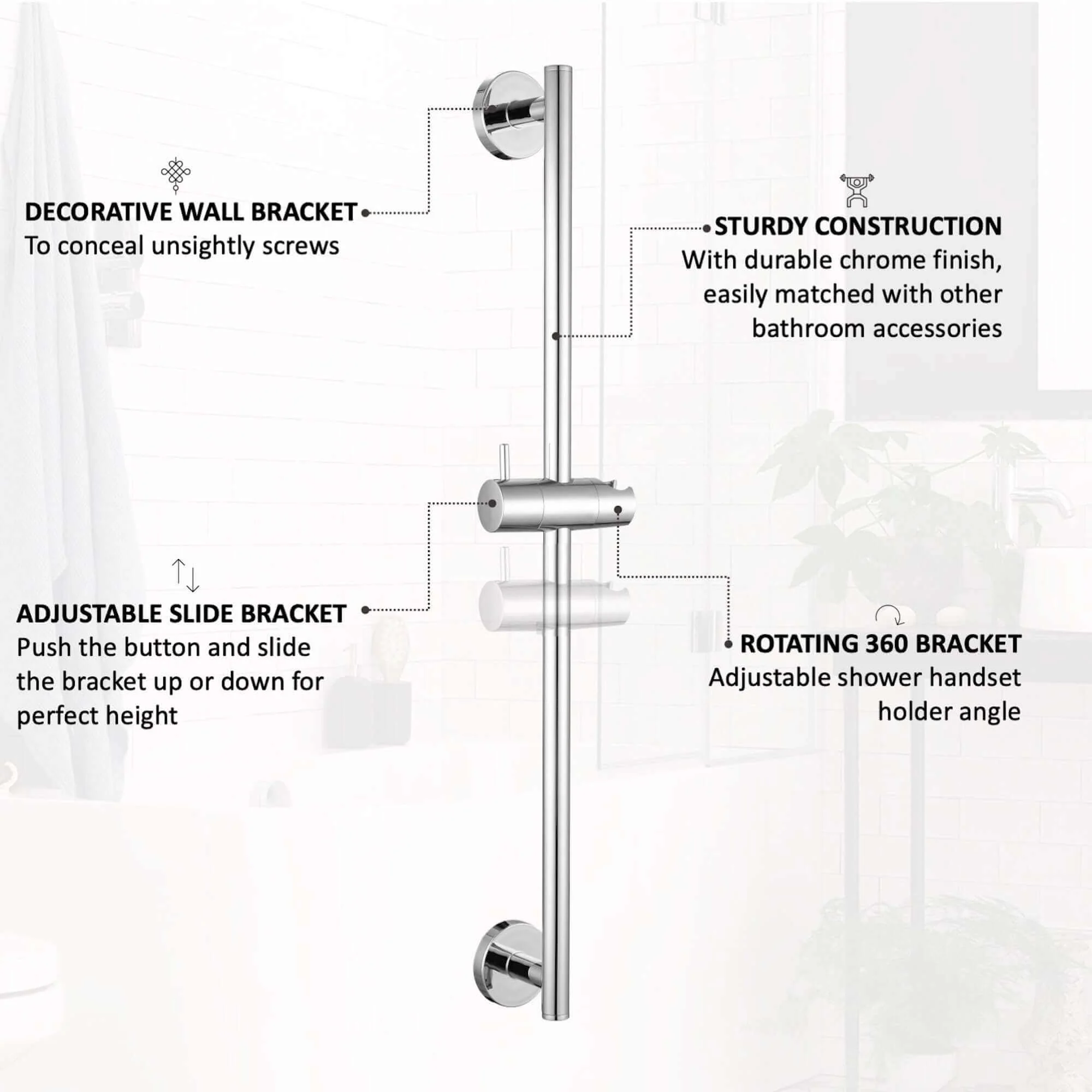 Contemporary Shower Slider Riser Rail Kit With 3 Function Shower Head, Hose and Wall Elbow - Chrome - Image 4