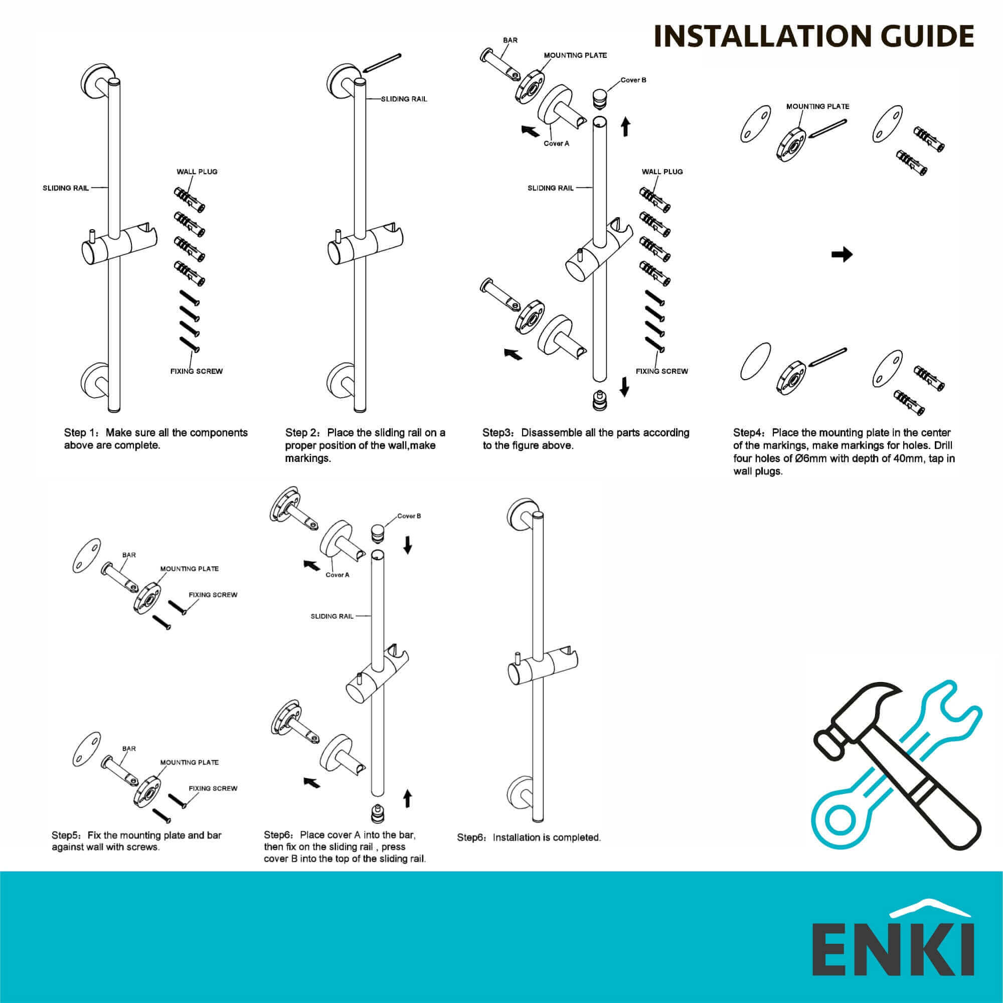 Contemporary Shower Slider Riser Rail Kit With Pencil Shower Head, Hose and Wall Elbow - Chrome - Image 7