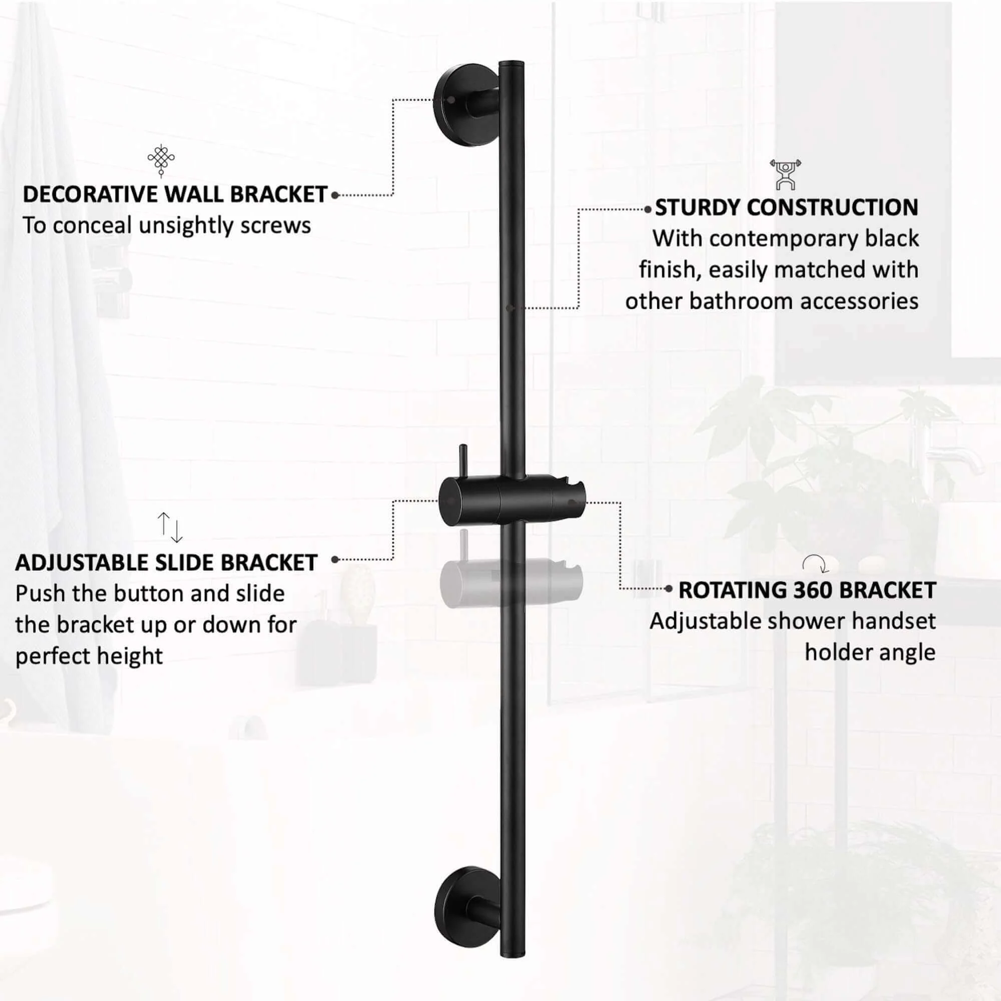 Contemporary Shower Slider Riser Rail Kit With Pencil Shower Head, Hose and Wall Elbow - Matt Black - Image 4