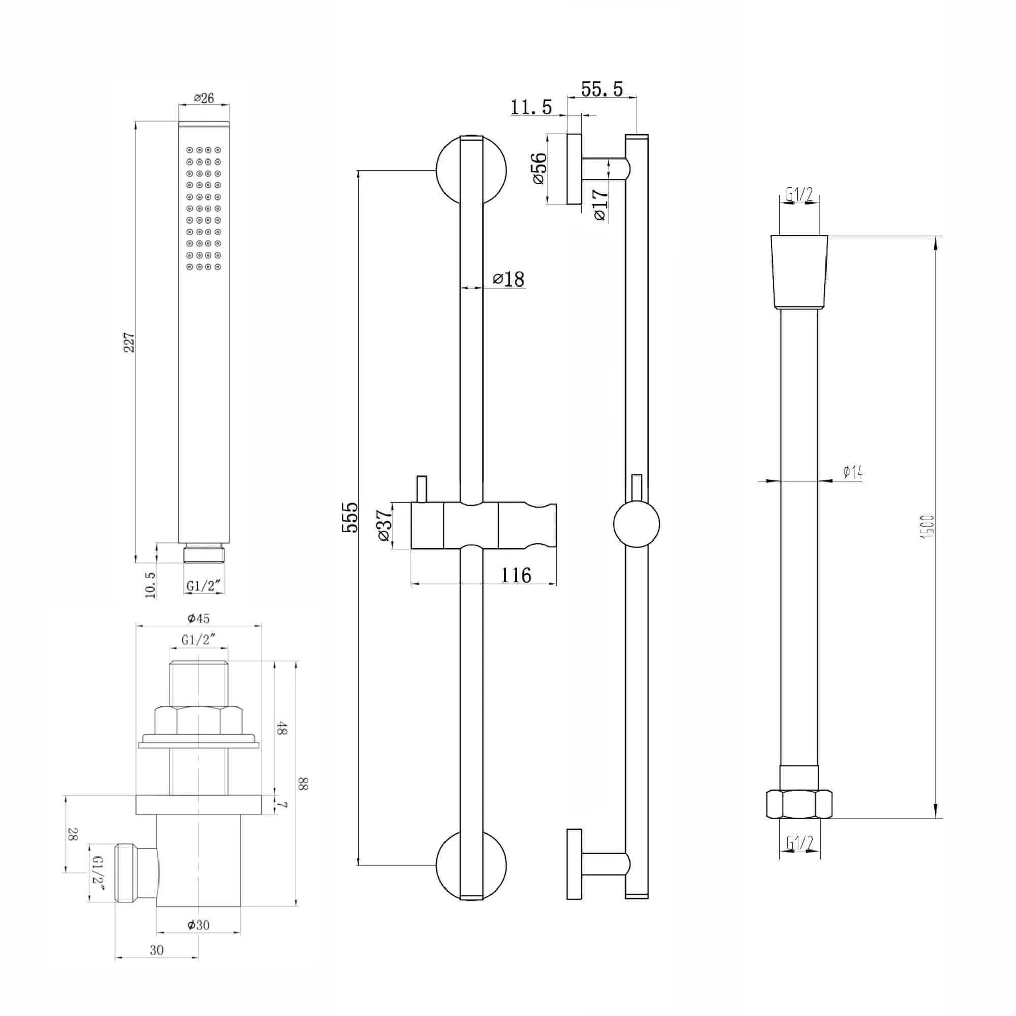Contemporary Shower Slider Riser Rail Kit With Pencil Shower Head, Hose and Wall Elbow - Matt Black - Image 6