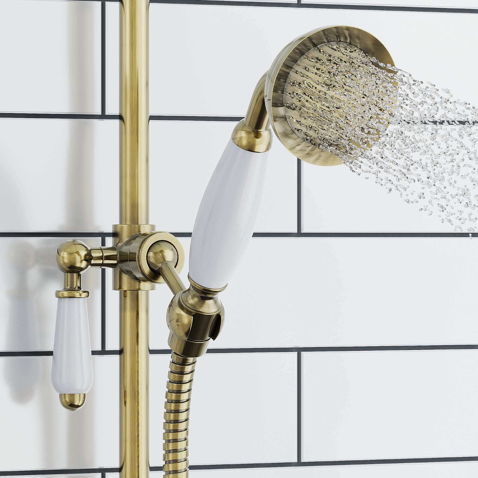 Downton Exposed Traditional Thermostatic Shower Set 3 Outlet, Incl. Triple Shower Valve, Rigid Riser Rail, 200mm Shower Head, Handset & Bath Filler - Antique Brass - Image 3