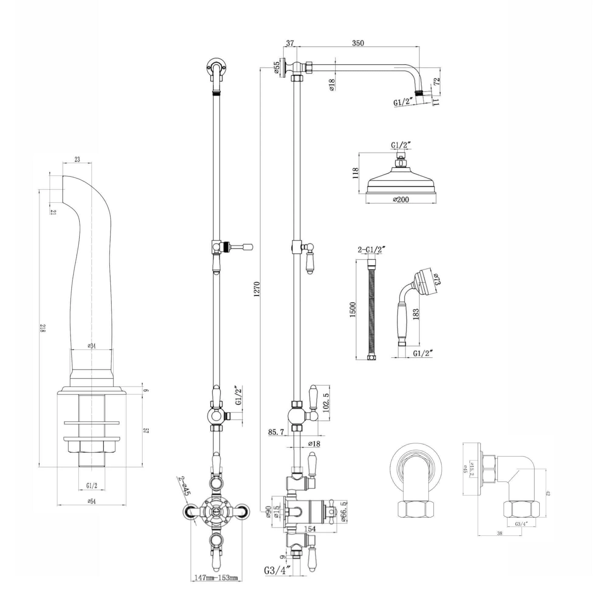 Downton Exposed Traditional Thermostatic Shower Set 3 Outlet, Incl. Triple Shower Valve, Rigid Riser Rail, 200mm Shower Head, Handset & Bath Filler - Antique Brass - Image 7
