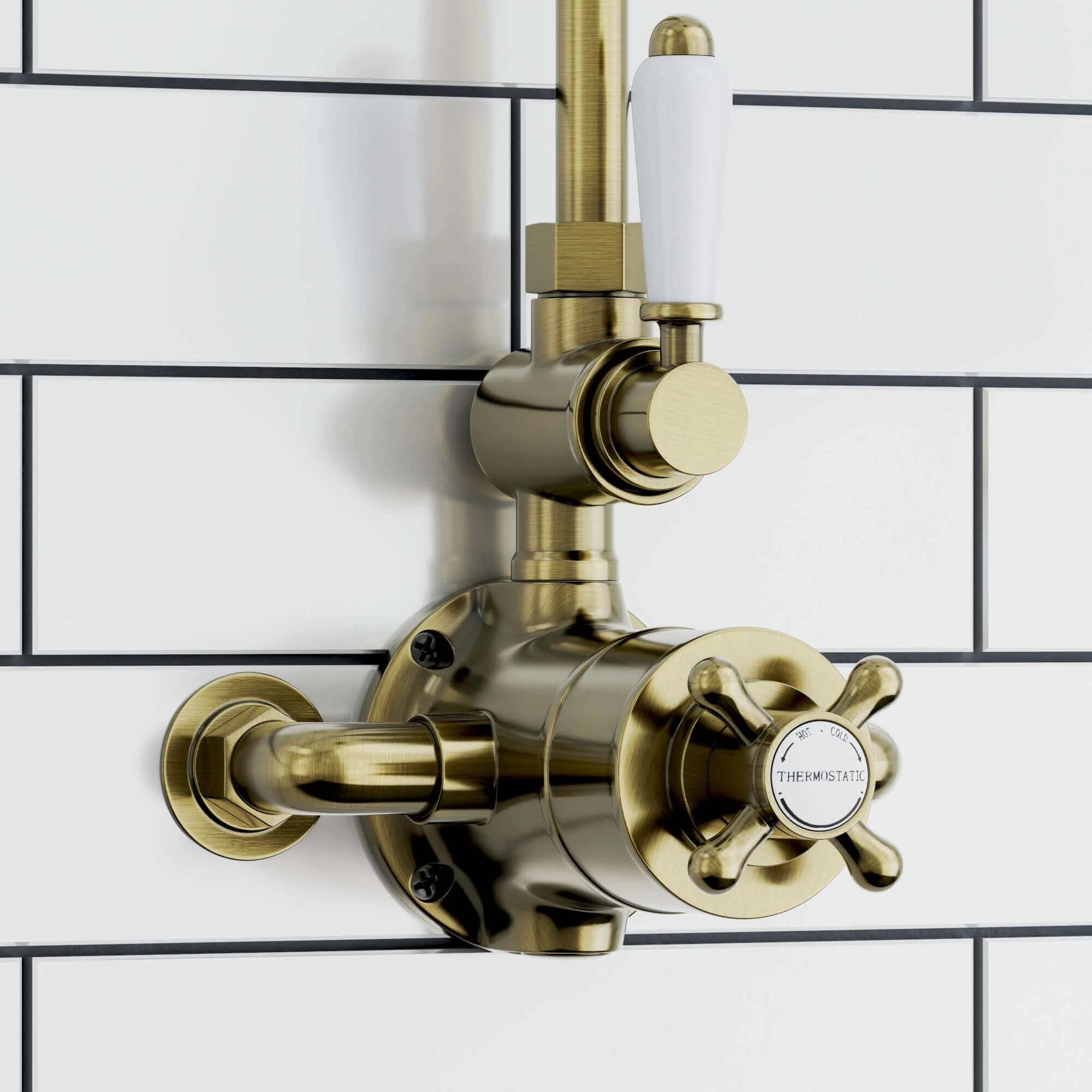 Downton Exposed Traditional Thermostatic Shower Set Single Outlet Incl. Twin Shower Valve, Rigid Riser Rail, 200mm Shower Head & Caddy - Antique Brass - Image 3
