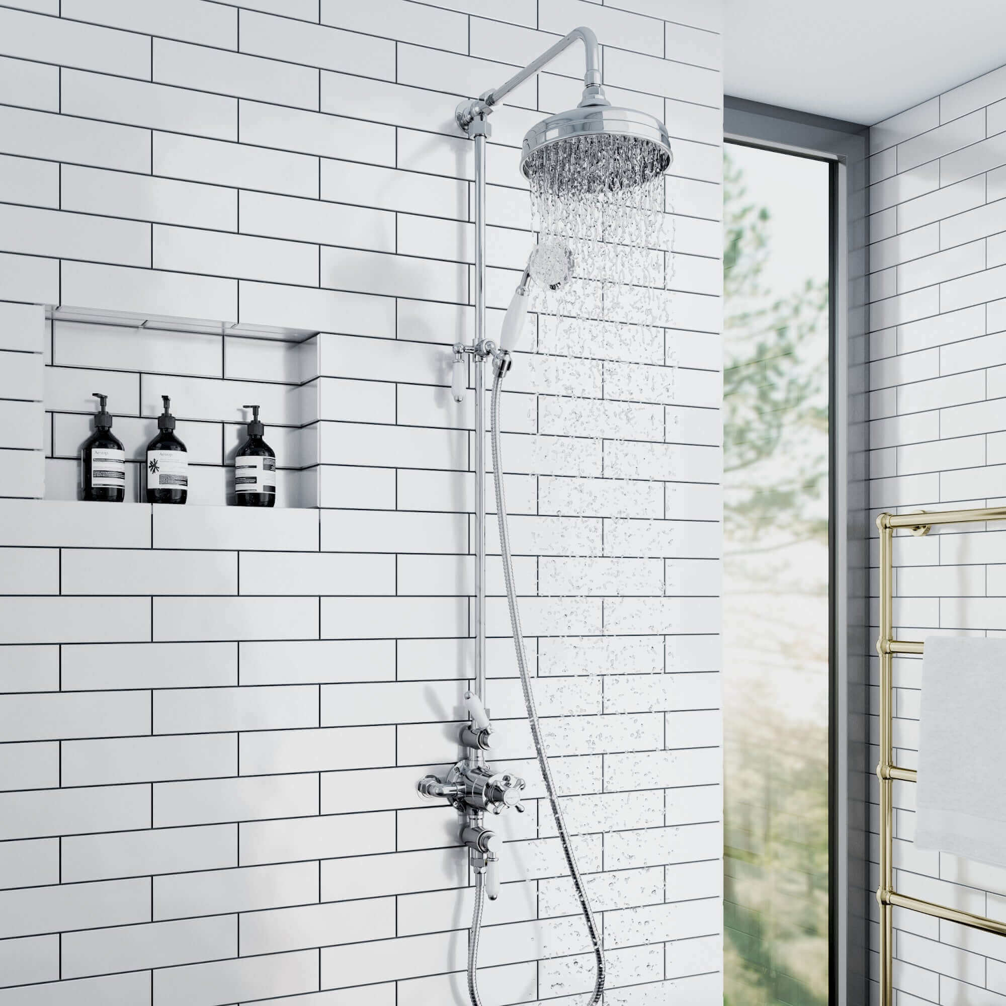Downton traditional triple thermostatic shower valve two outlet - chrome & white - Image 4