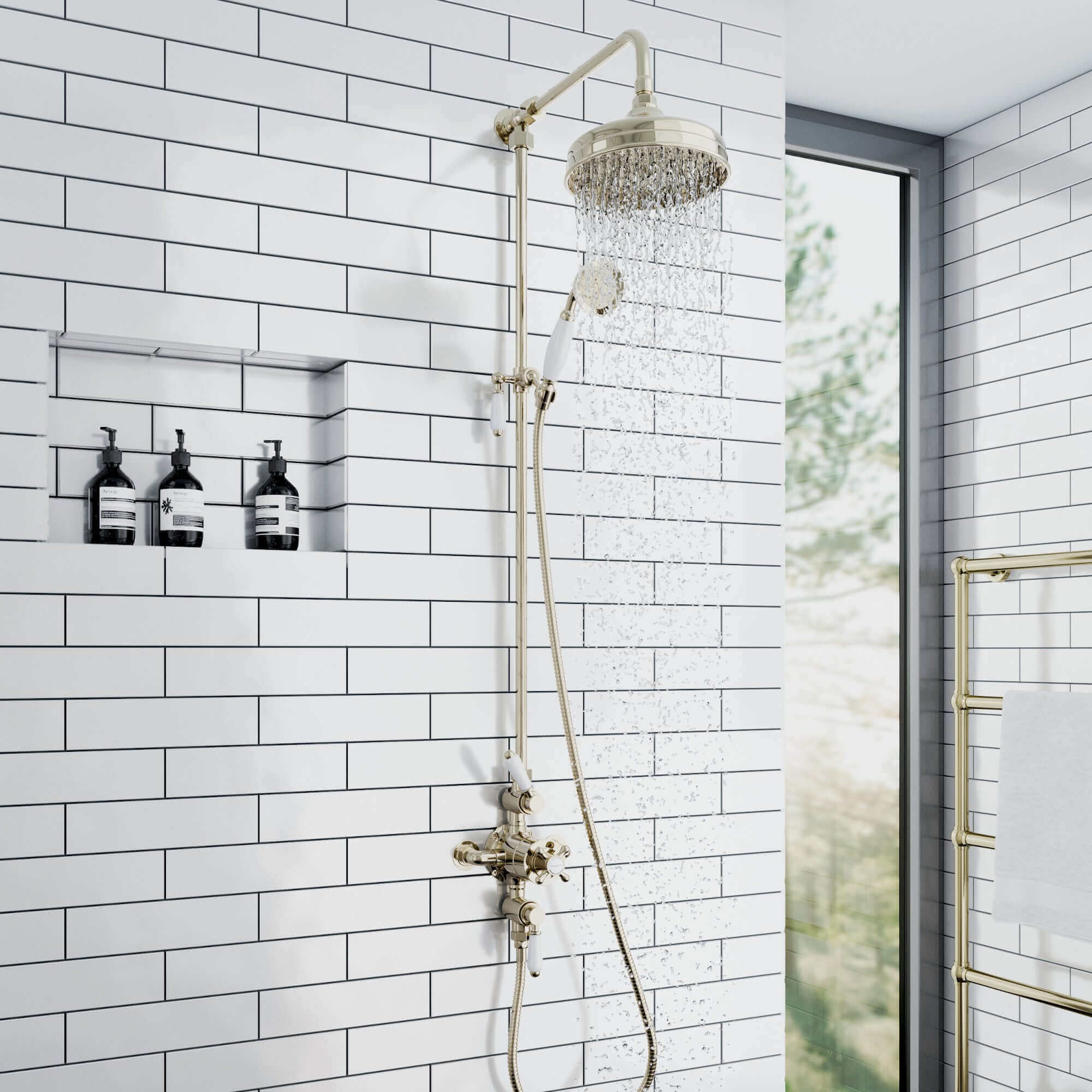 Downton traditional triple thermostatic shower valve two outlet - gold - Image 4