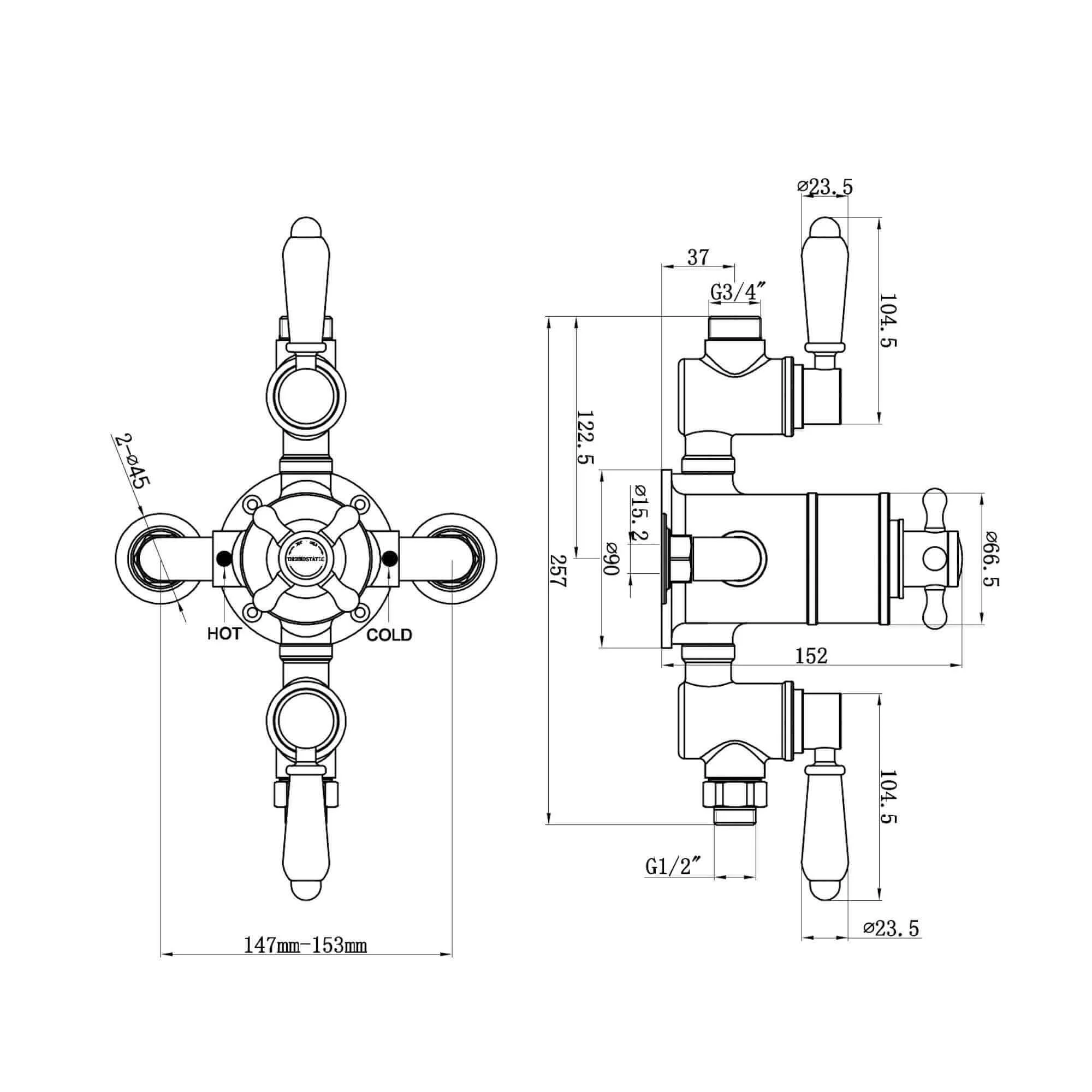 Downton traditional triple thermostatic shower valve two outlet - gold - Image 5