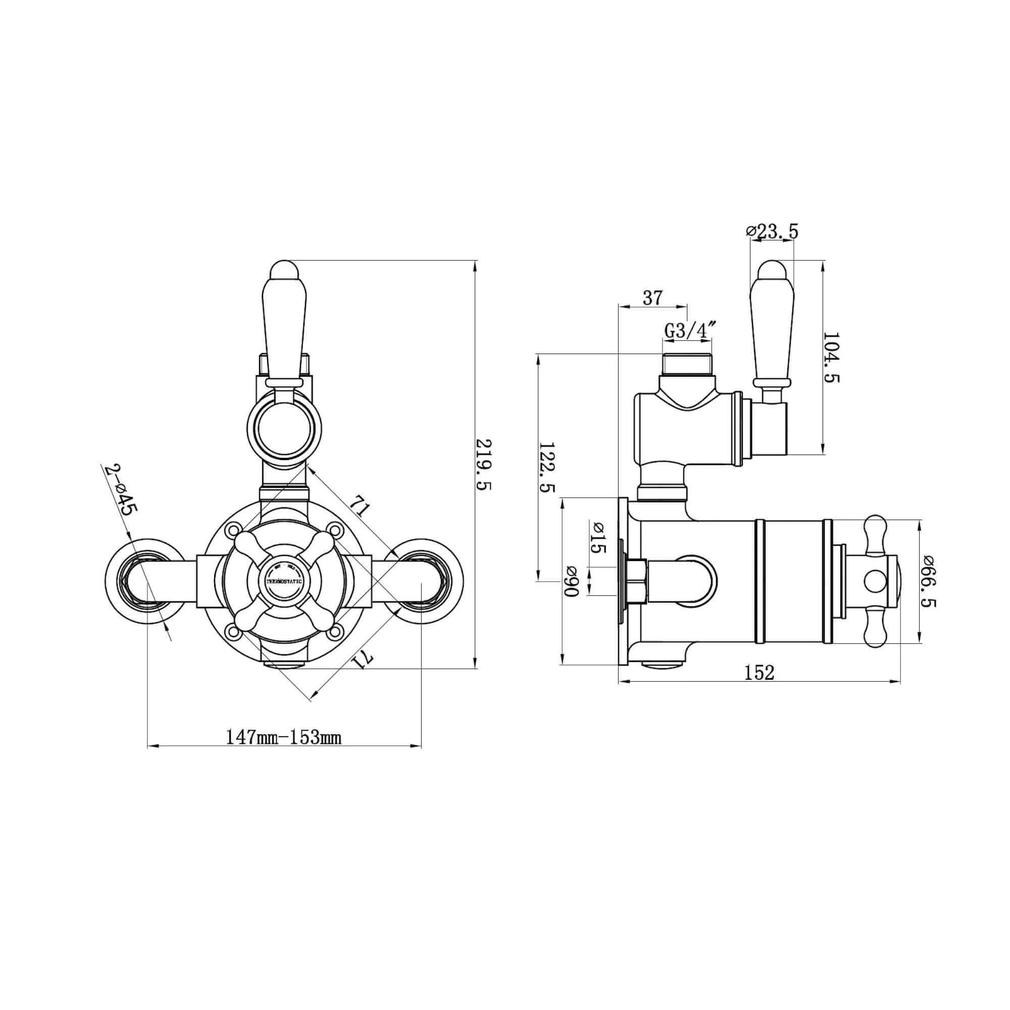 Downton traditional twin thermostatic shower valve exposed 3/4" top outlet - gold - Image 4