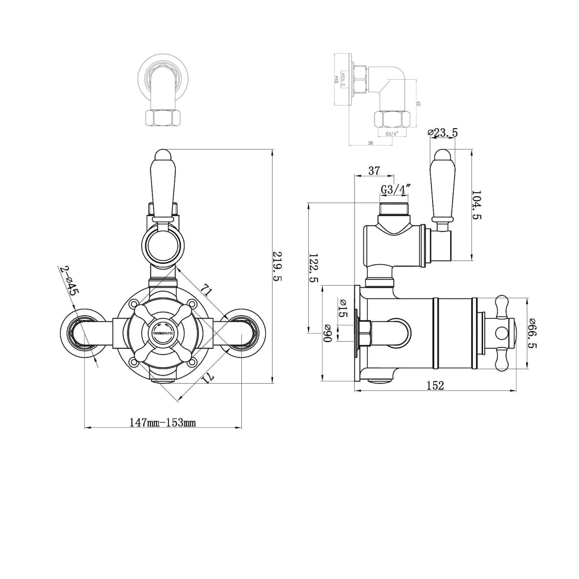 Downton traditional twin thermostatic shower valve semi-exposed - chrome with black lever - Image 8
