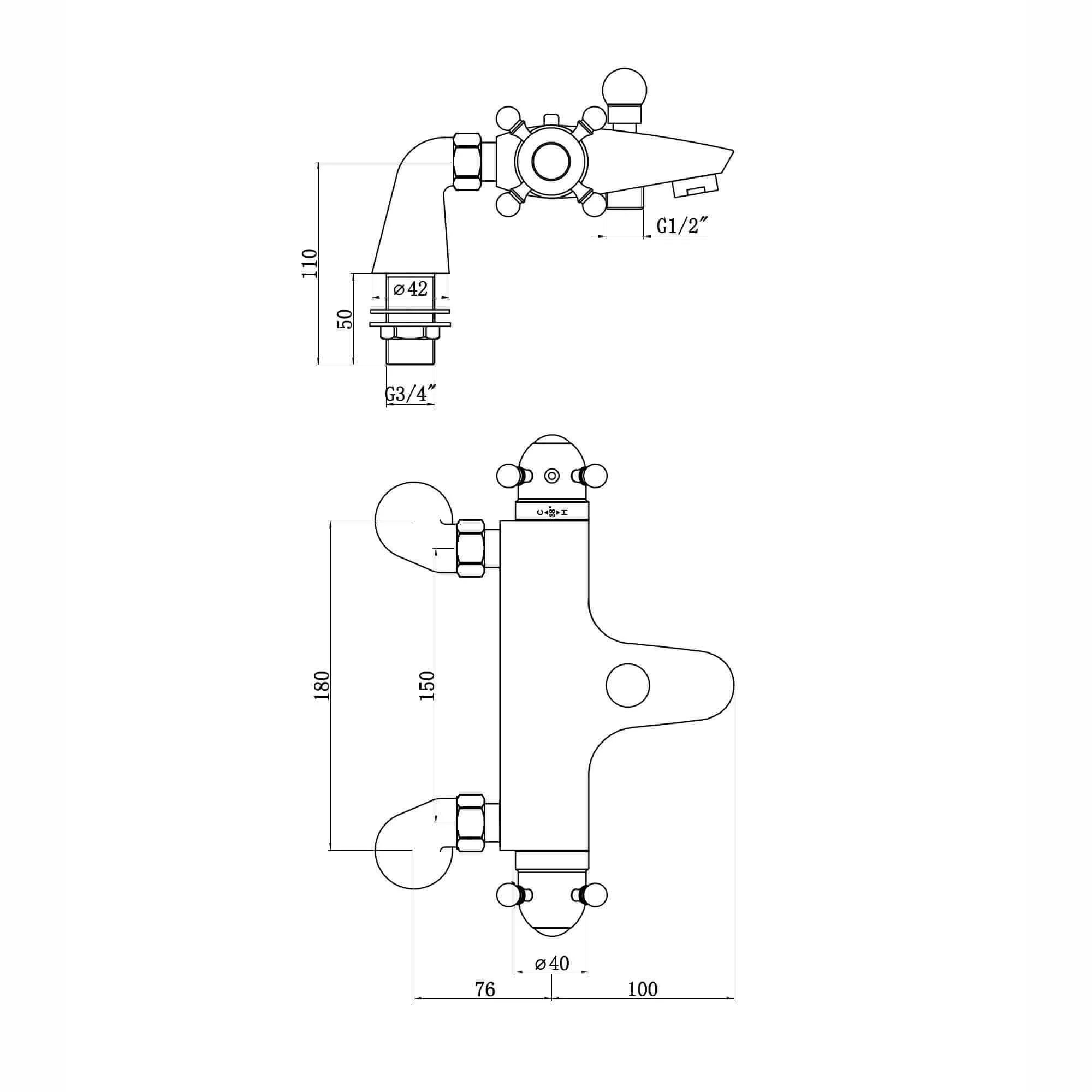 Gallant thermostatic bath shower bar mixer valve deck mounted with dual rigid riser kit, overhead rain shower and handheld - chrome - Image 6