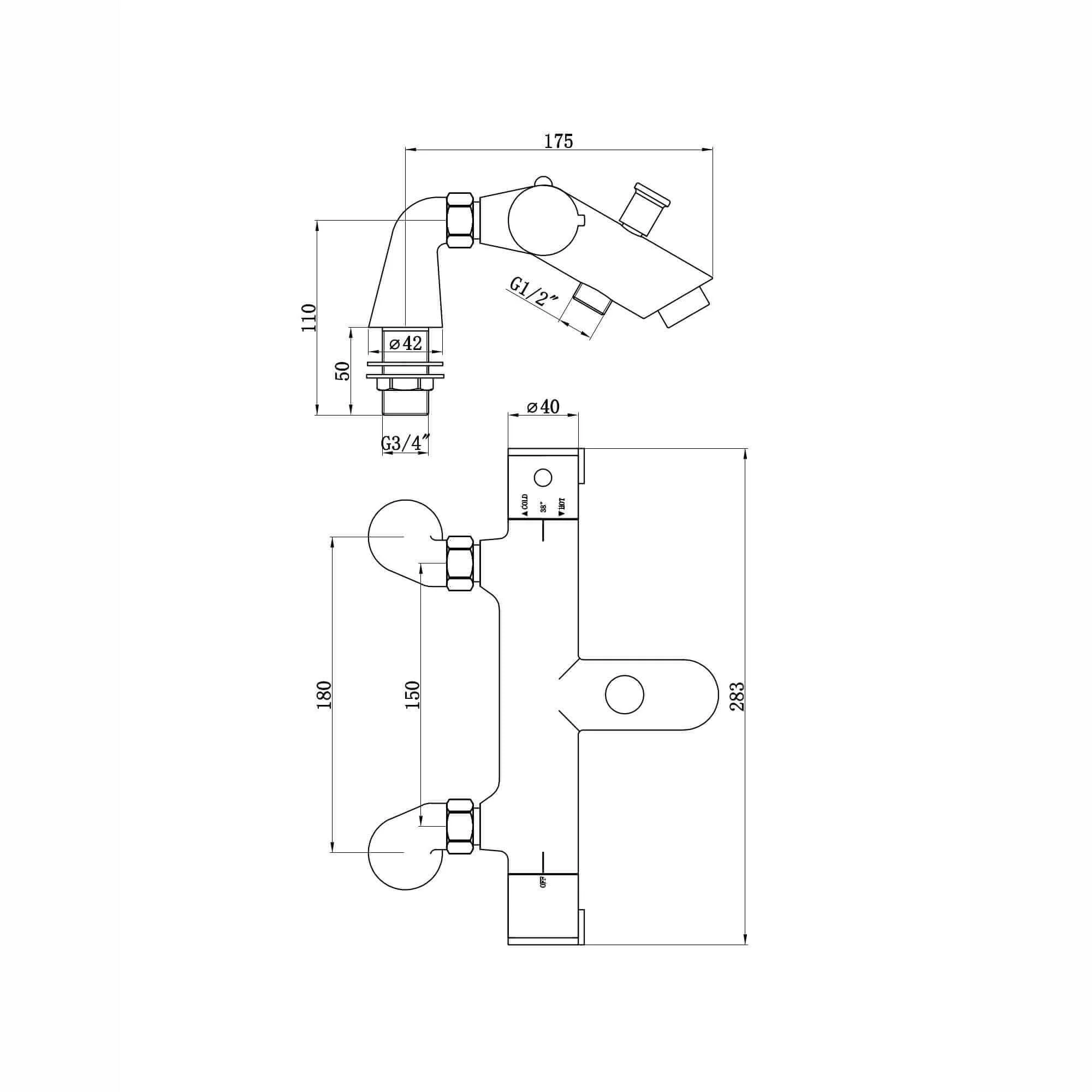 Dune modern thermostatic bath shower mixer tap deck mount with slider rail kit - chrome - Image 7