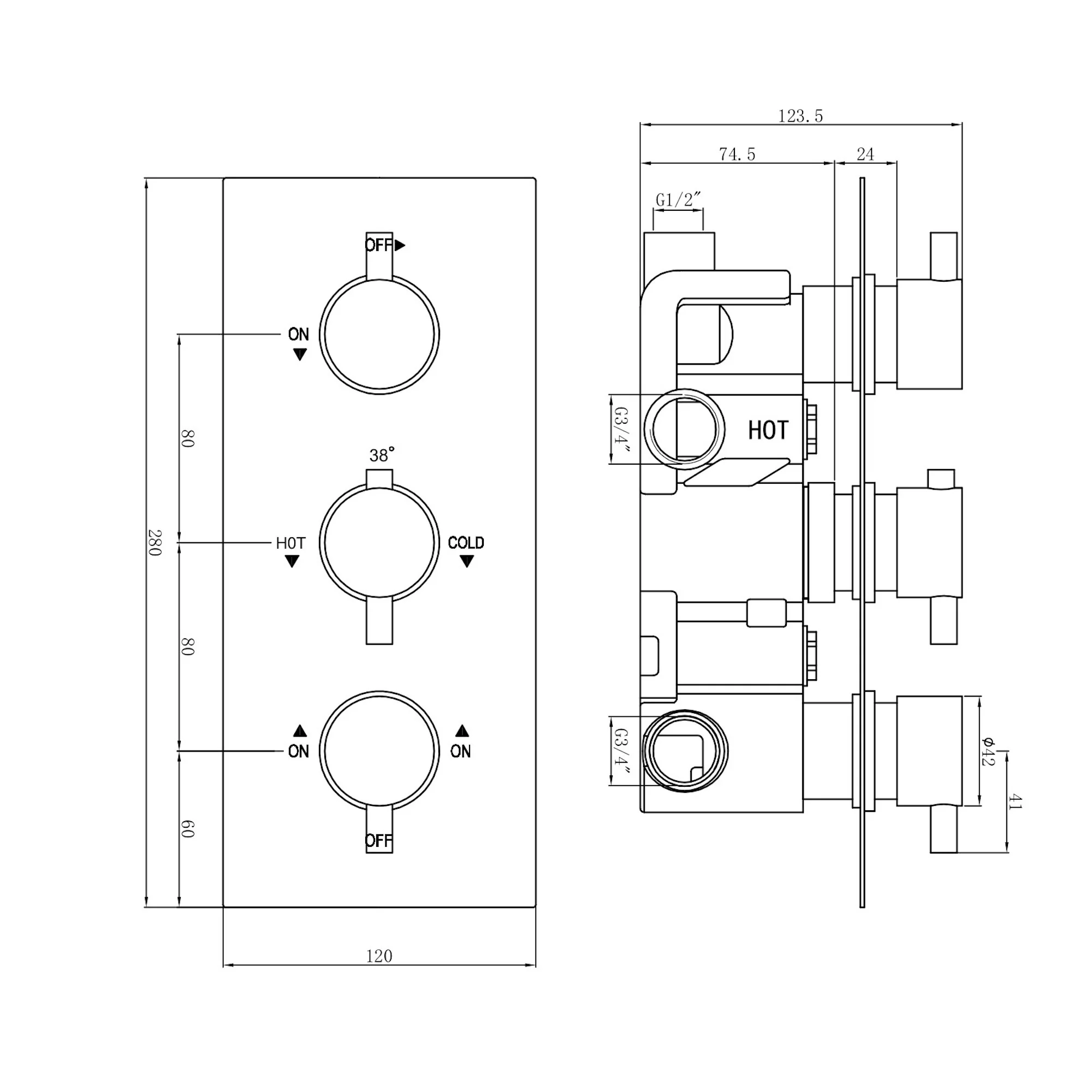 Naples Contemporary Round Concealed Thermostatic Shower Set Incl. Triple Diverter Valve, Wall Fixed 8" Shower Head, Slider Rail Kit, Bath Filler Waste with Overflow - Matt Black (3 Outlet) - Image 7