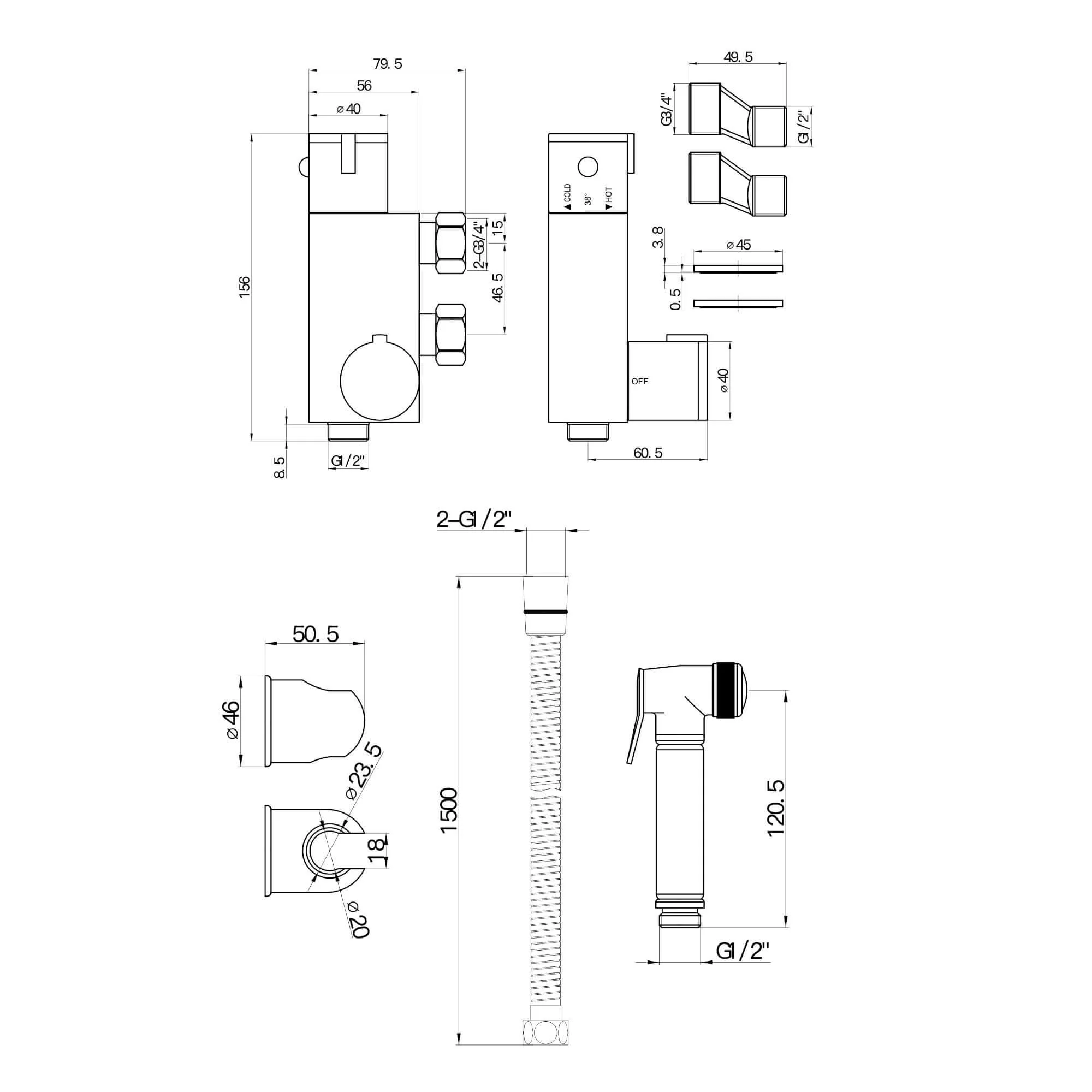 Vero round douche thermostatic bar valve with shower spray kit - chrome - Image 4
